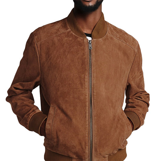 Classic Suede Bomber Leather Jacket - Brown