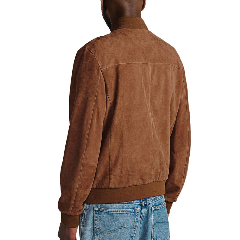 Classic Bomber Leather Jacket - Suede Brown