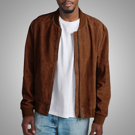Classic Suede Bomber Leather Jacket - Dark Brown