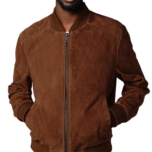 Classic Suede Bomber Leather Jacket - Dark Brown