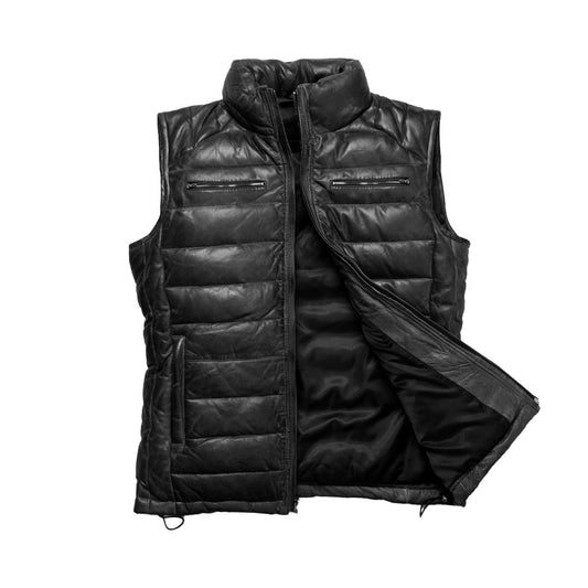 Black puffer vest on a white background