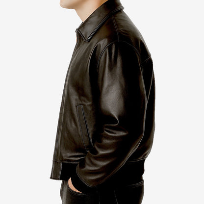 Brown leather jacket worn by a person on a white background