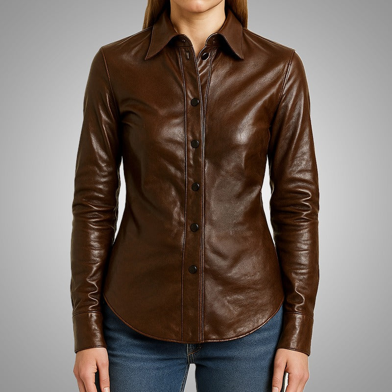 Brown leather shirt worn by a person on a gray background