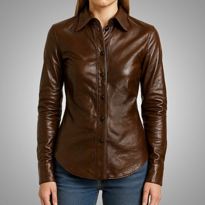 Brown leather shirt worn by a person on a gray background