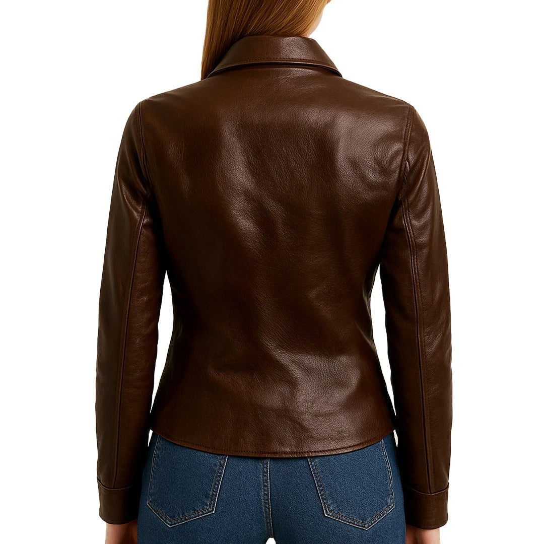 Brown leather jacket worn by a person on a white background