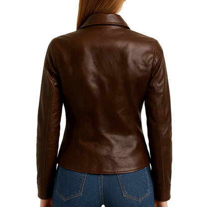 Brown leather jacket worn by a person on a white background
