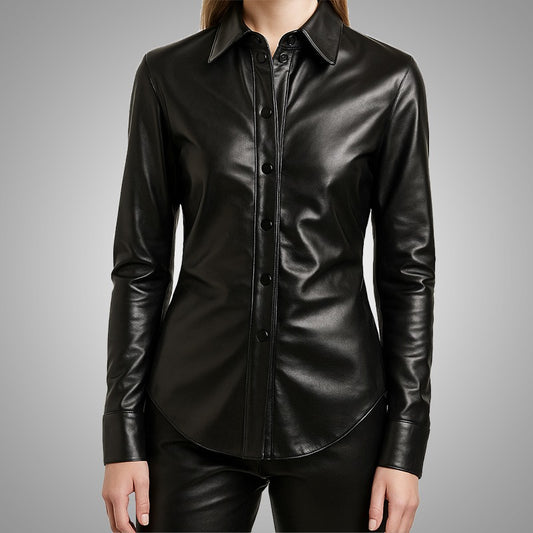 Black leather shirt worn by a person on a gray background