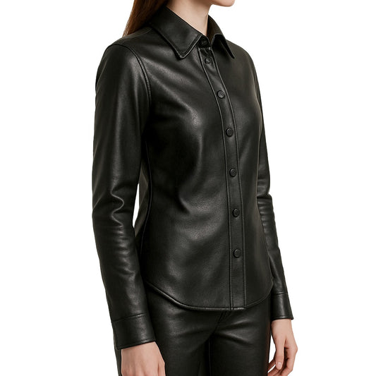 Black leather shirt worn by a person on a white background