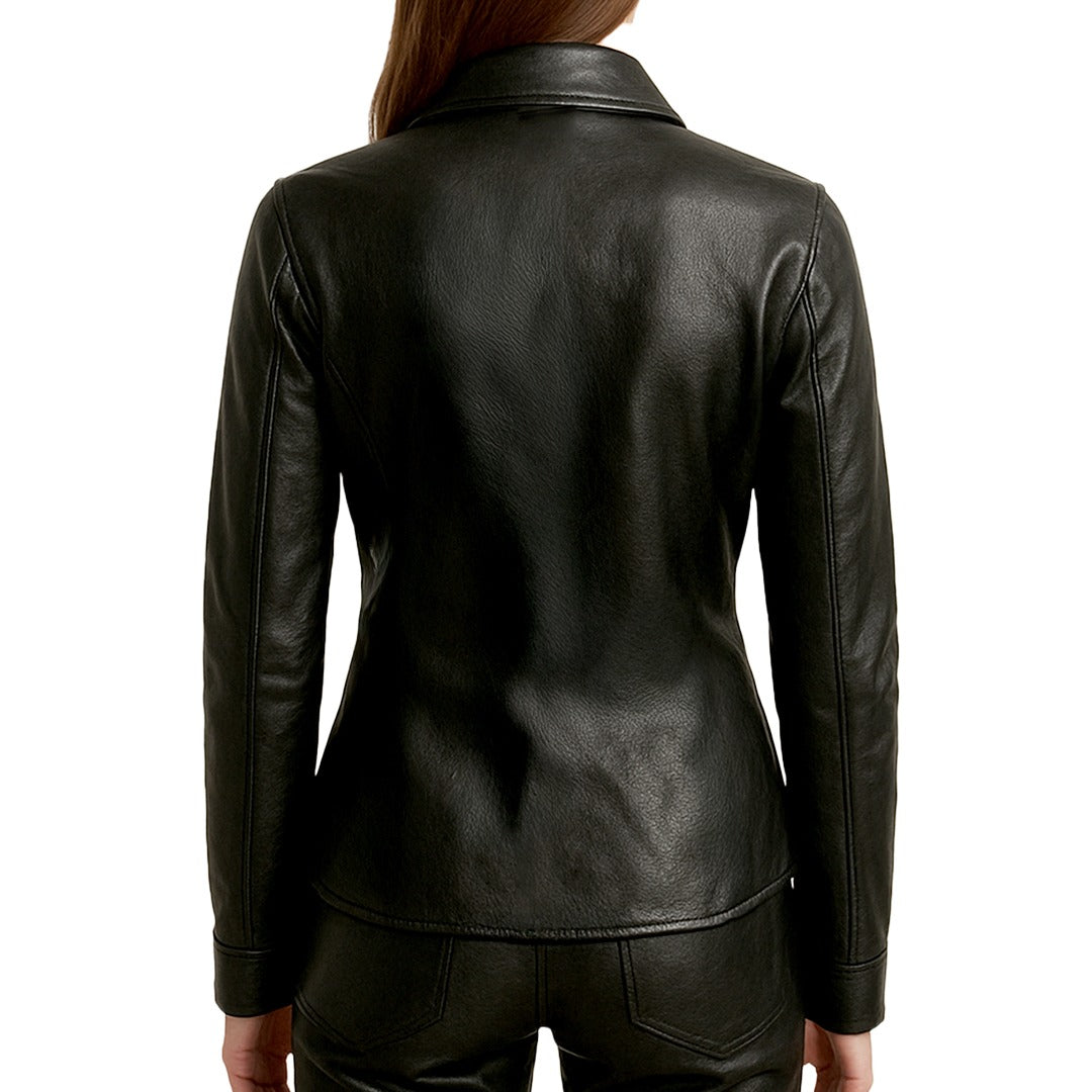 Black leather jacket worn by a person on a white background