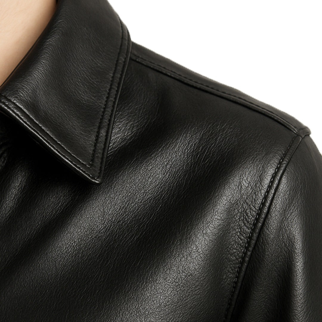 Close-up of a black leather jacket with a focus on texture and stitching.