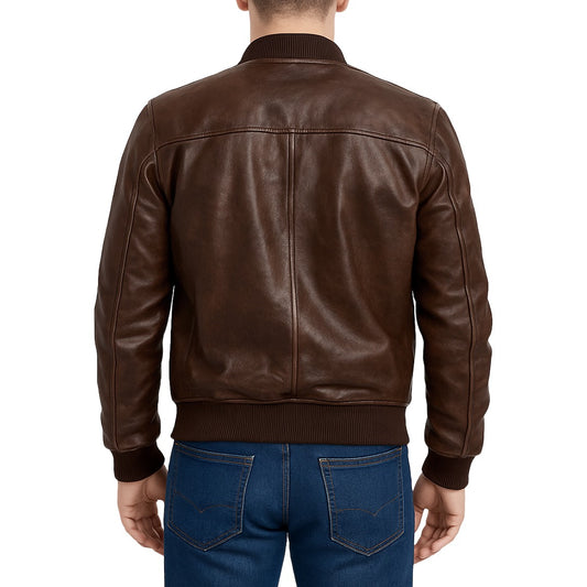 Classic Bomber Leather Jacket - Brown