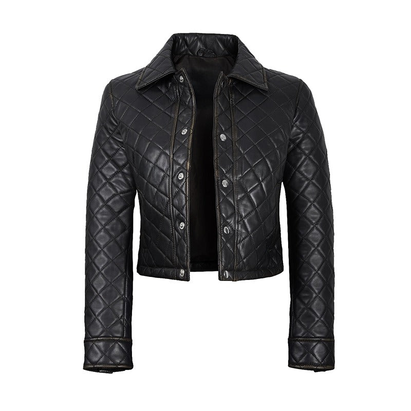 Women's Beige Cropped Quilted Leather Jacket