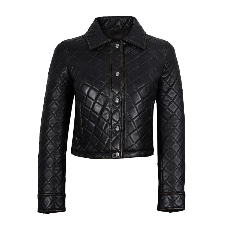 Women's Beige Cropped Quilted Leather Jacket