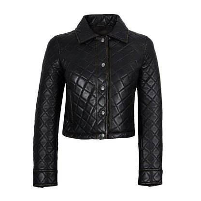 Women's Beige Cropped Quilted Leather Jacket