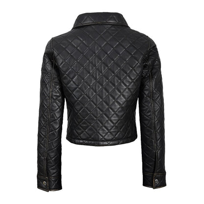 Women's Beige Cropped Quilted Leather Jacket