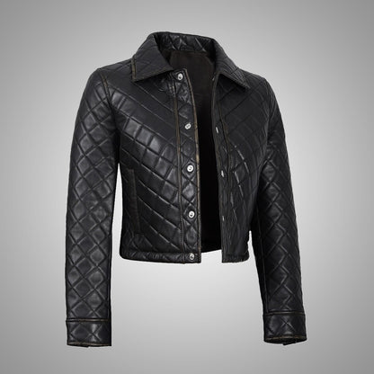 Women's Beige Cropped Quilted Leather Jacket