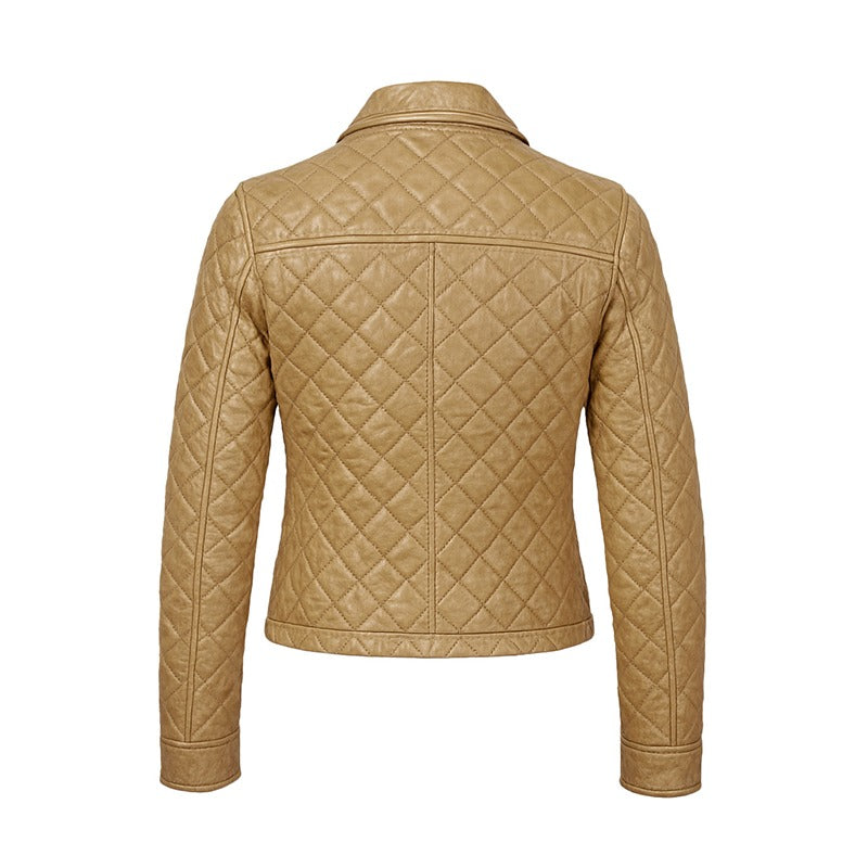 Women's Beige Cropped Quilted Leather Jacket