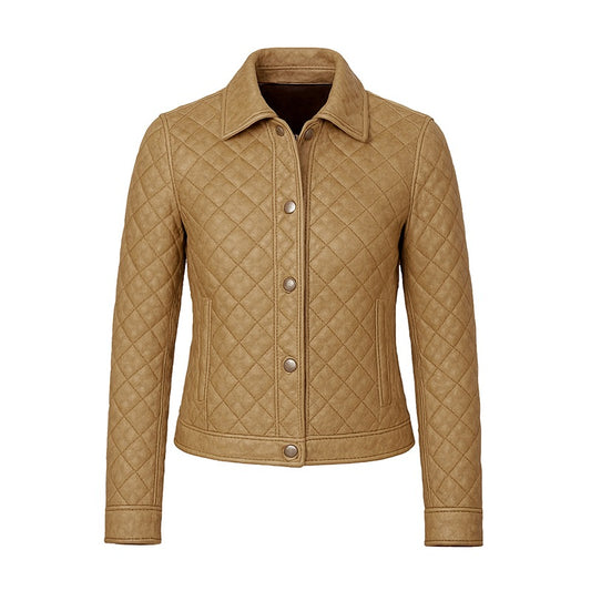 Women's Beige Cropped Quilted Leather Jacket