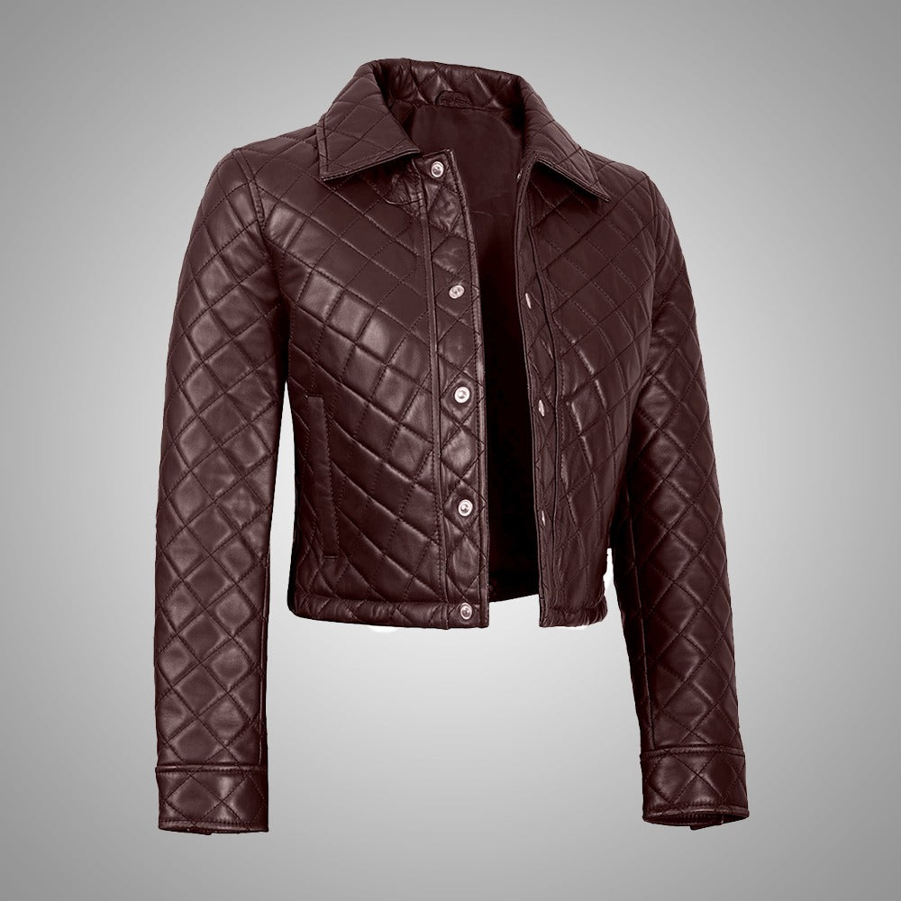 Women's Beige Cropped Quilted Leather Jacket
