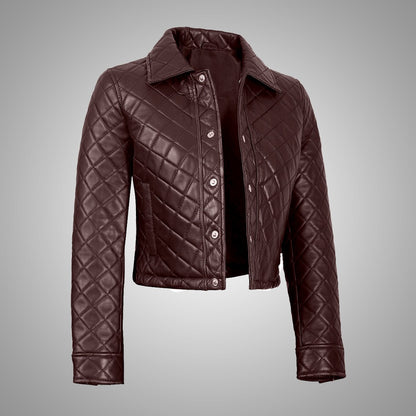 Women's Beige Cropped Quilted Leather Jacket