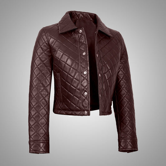 Women's Dark Brown Cropped Quilted Leather Jacket
