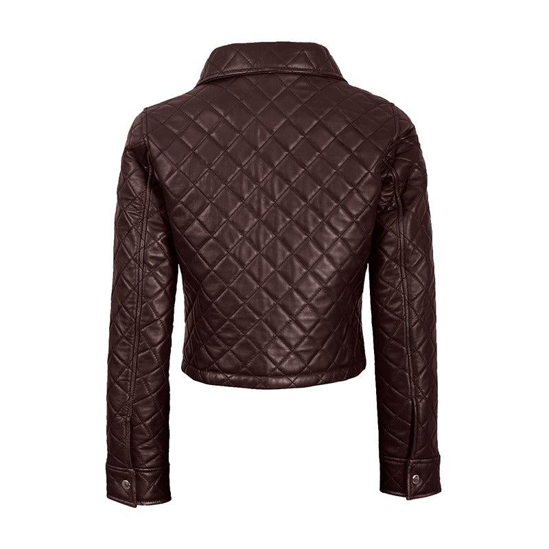 Women's Beige Cropped Quilted Leather Jacket