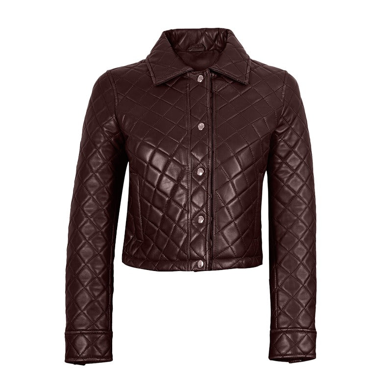 Women's Beige Cropped Quilted Leather Jacket