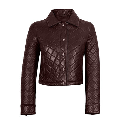 Women's Beige Cropped Quilted Leather Jacket