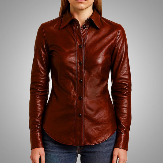 Women’s Mahogany Lambskin Leather Shirt