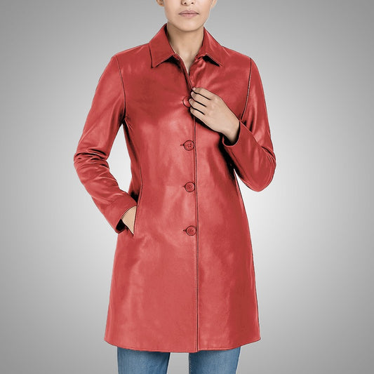 Elysian Women’s Real Leather Coat - Red
