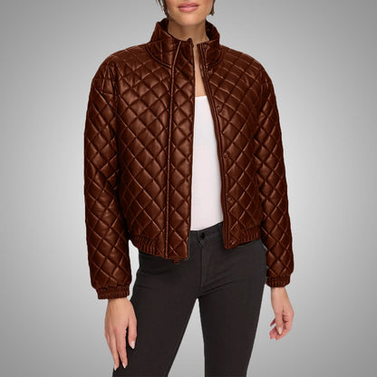 Quilted Bomber Leather Jacket – Stand Collar Luxury Edition - Brown