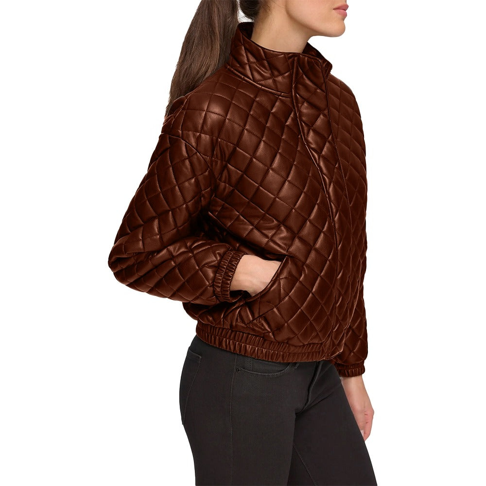 Quilted Bomber Leather Jacket – Stand Collar Luxury Edition - Brown