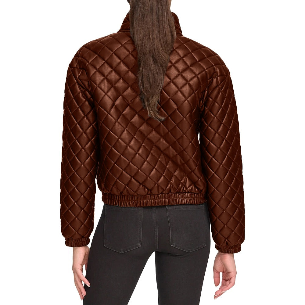 Quilted Bomber Leather Jacket – Stand Collar Luxury Edition - Brown