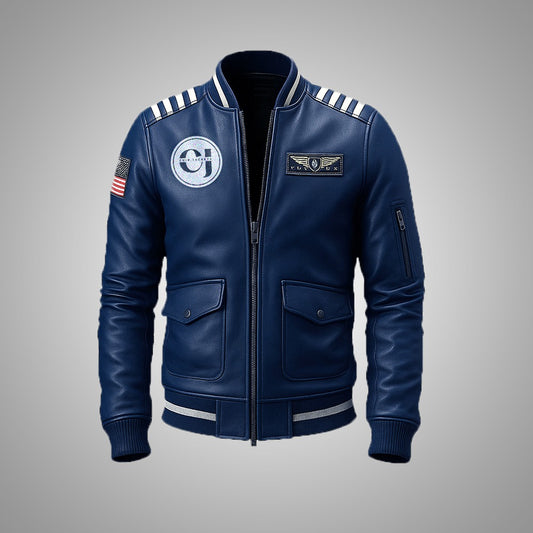 Blue leather jacket with patches on a gray background