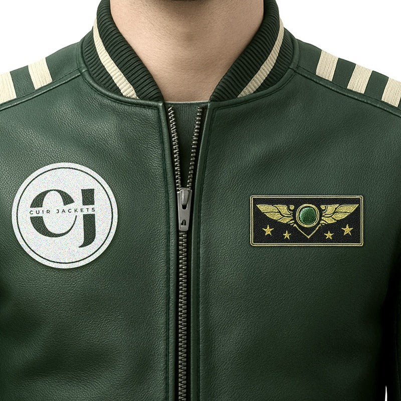 Green leather jacket with 'Cuir Jackets' logo and emblem on a white background