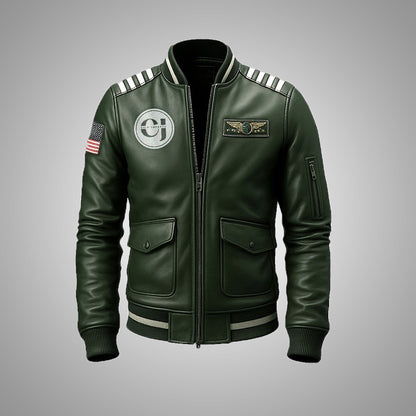 Green leather jacket with patches on a gray background