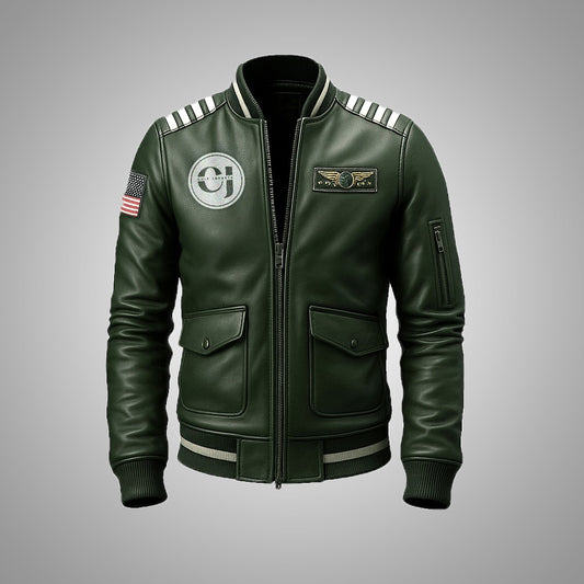 Green leather jacket with patches on a gray background