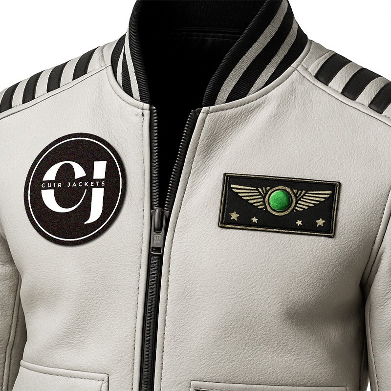 Sky Command Aviator Leather Bomber Jacket – White Edition