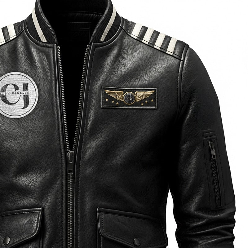Sky Command Aviator Leather Bomber Jacket – White Edition