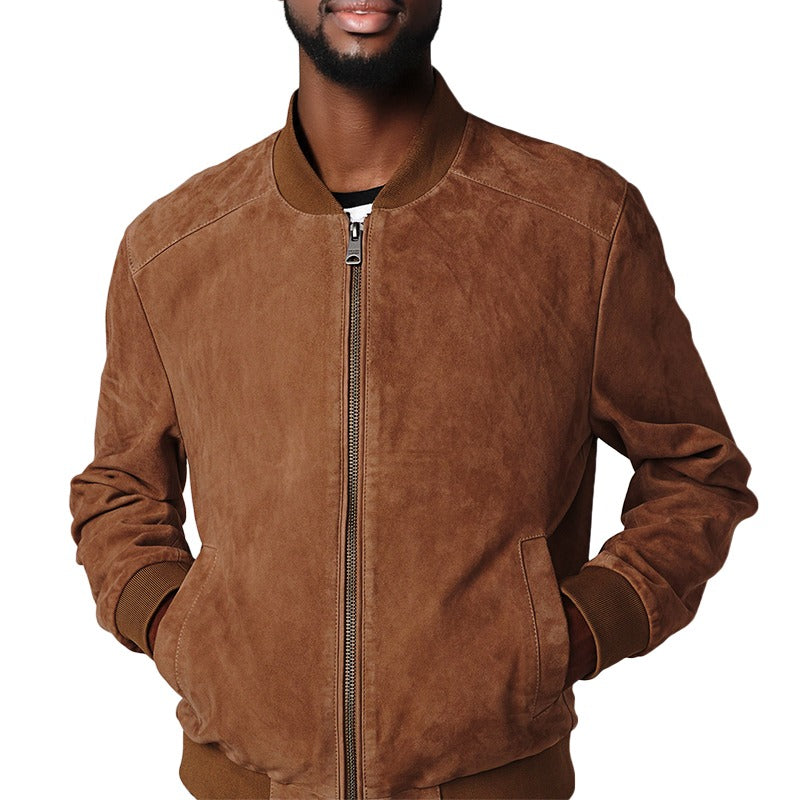 Classic Bomber Leather Jacket - Suede Brown