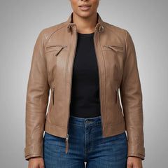 Dusty Peach Women's Racer Leather Jacket | Premium Lambskin
