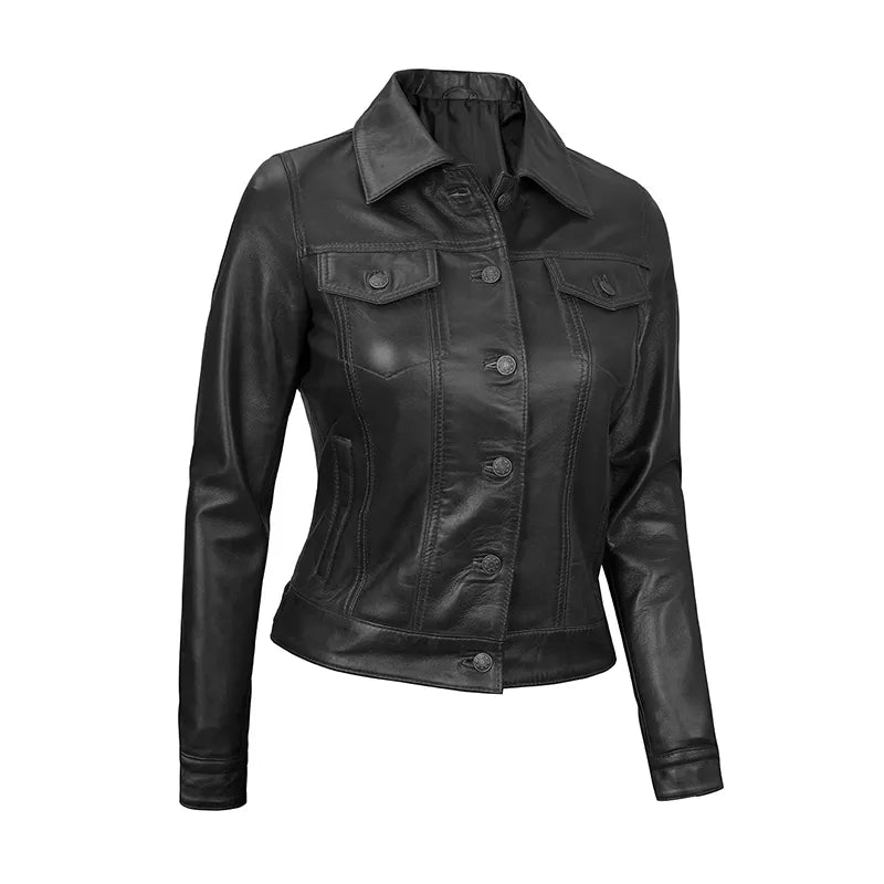Royal Edge – Women’s Black Wax Trucker Leather Jacket