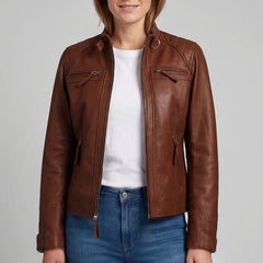 Burnt Cocoa Women's Racer Leather Jacket | Premium Lambskin