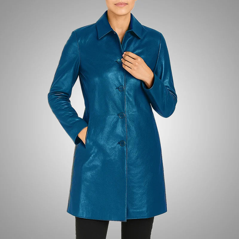 Elysian Women’s Real Leather Coat - Deep Teal Blue