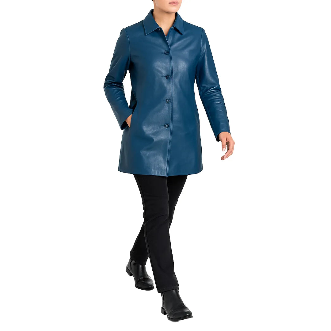 Elysian Women’s Real Leather Coat - Deep Teal Blue