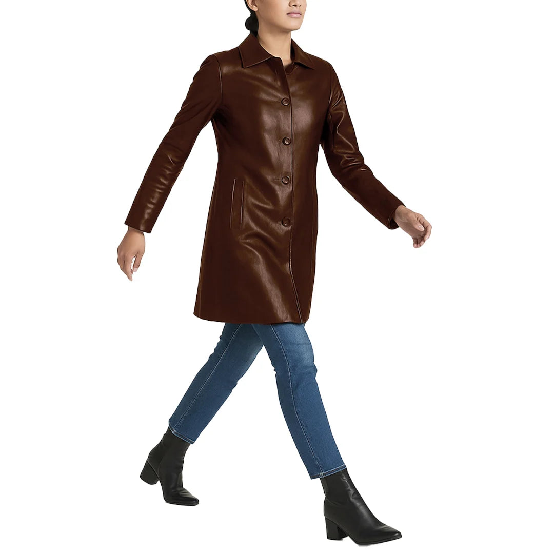 Elysian Women’s Real Leather Coat - Deep Mahogany