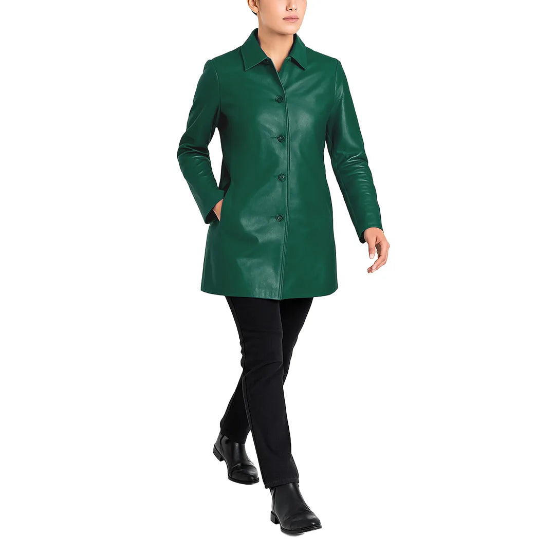 Elysian Women’s Real Leather Coat - Forest Teal