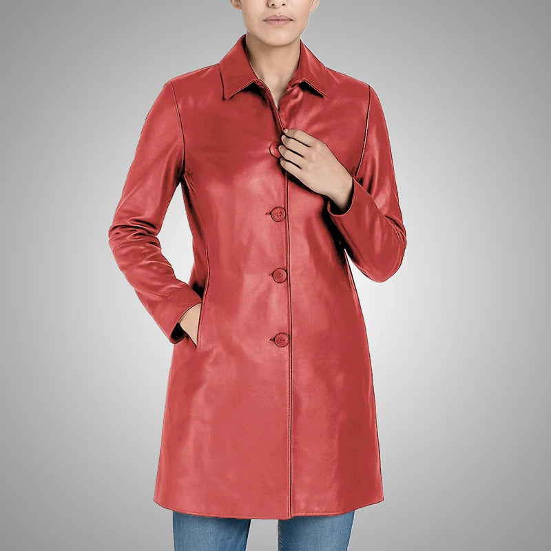 Elysian Women’s Real Leather Coat - Cinnamon Red