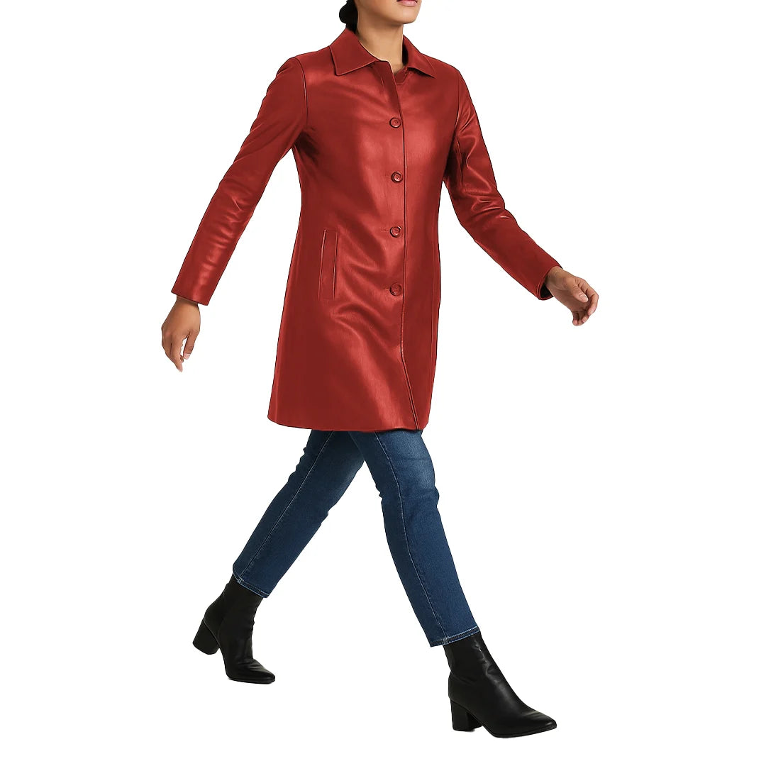Elysian Women’s Real Leather Coat - Cinnamon Red