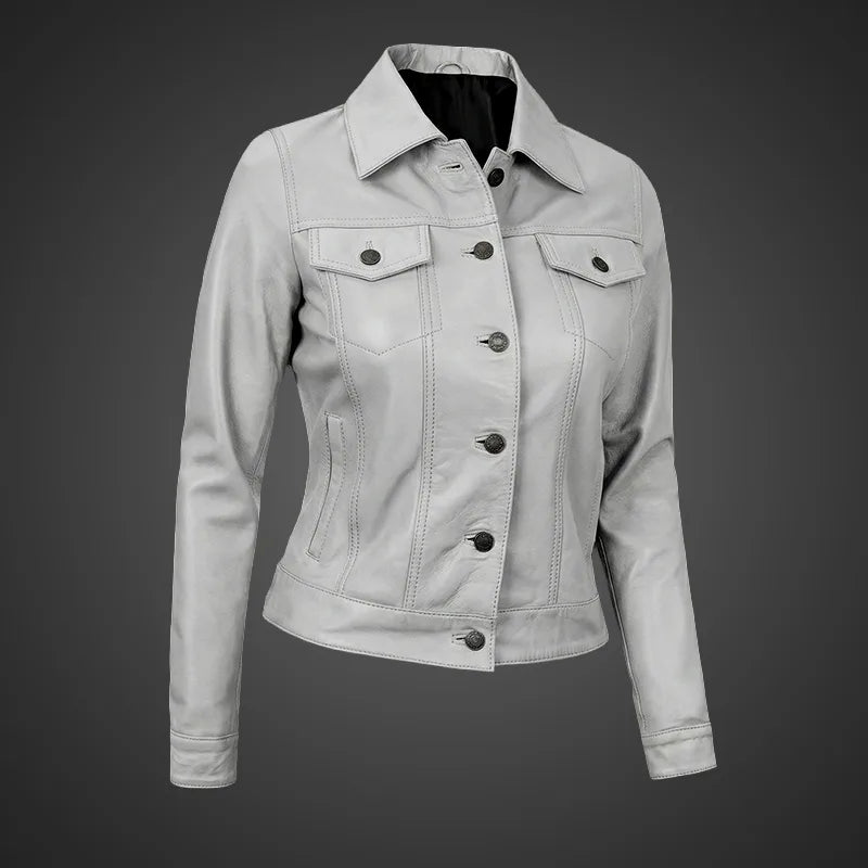 Royal Edge – Women’s White Wax Trucker Leather Jacket